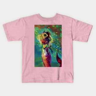 Mermay Mermaid stuck in a deepsea diver helmet undersea underwater fantasy art Kids T-Shirt